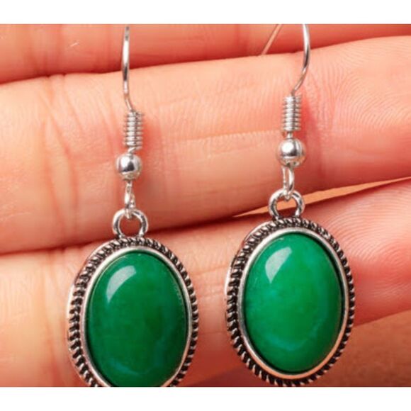 Natural Malachite Approximately 1" Oval Stone French Wire Silver Alloy Earrings - Picture 5 of 6